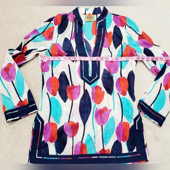 Tory Burch Tunic Top Size S Multicolor Floral Print 100% Cotton Boho Popover - Picture 8 of 15
